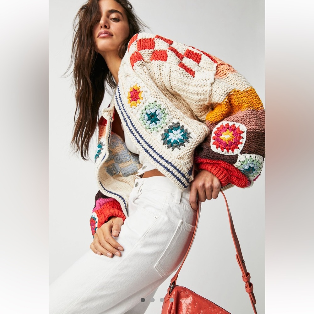 Free People Crocheted Patchwork Cardigan - Cream, Red, Orange, Pink, Blue, Brown